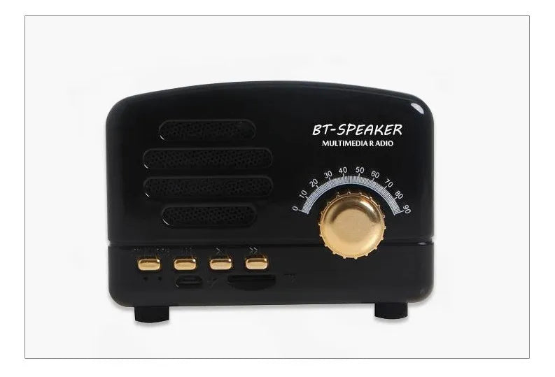 Vintage wood bluetooth speaker in wood grain finish showing compact 93x70x59mm dimensions