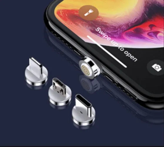 Black magnetic USB charging cable with illuminated side light on connector, next to smartphone.