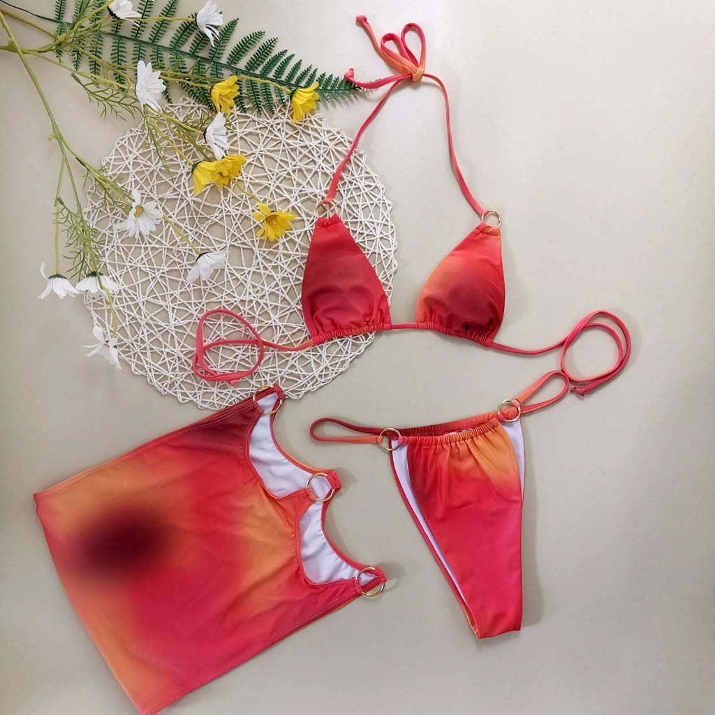Tie-dye gradient three-piece halter bikini set with skirt