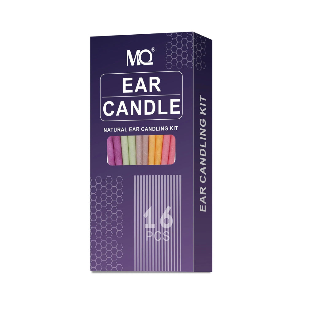 Ear candle therapy set showing cotton cloth candles, protection boards and cotton swabs in multiple colours