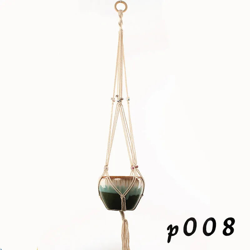 Woven wire cotton rope macramé plant hanger in a European village style, shown as a desktop, wall-mounted, and hanging basin.