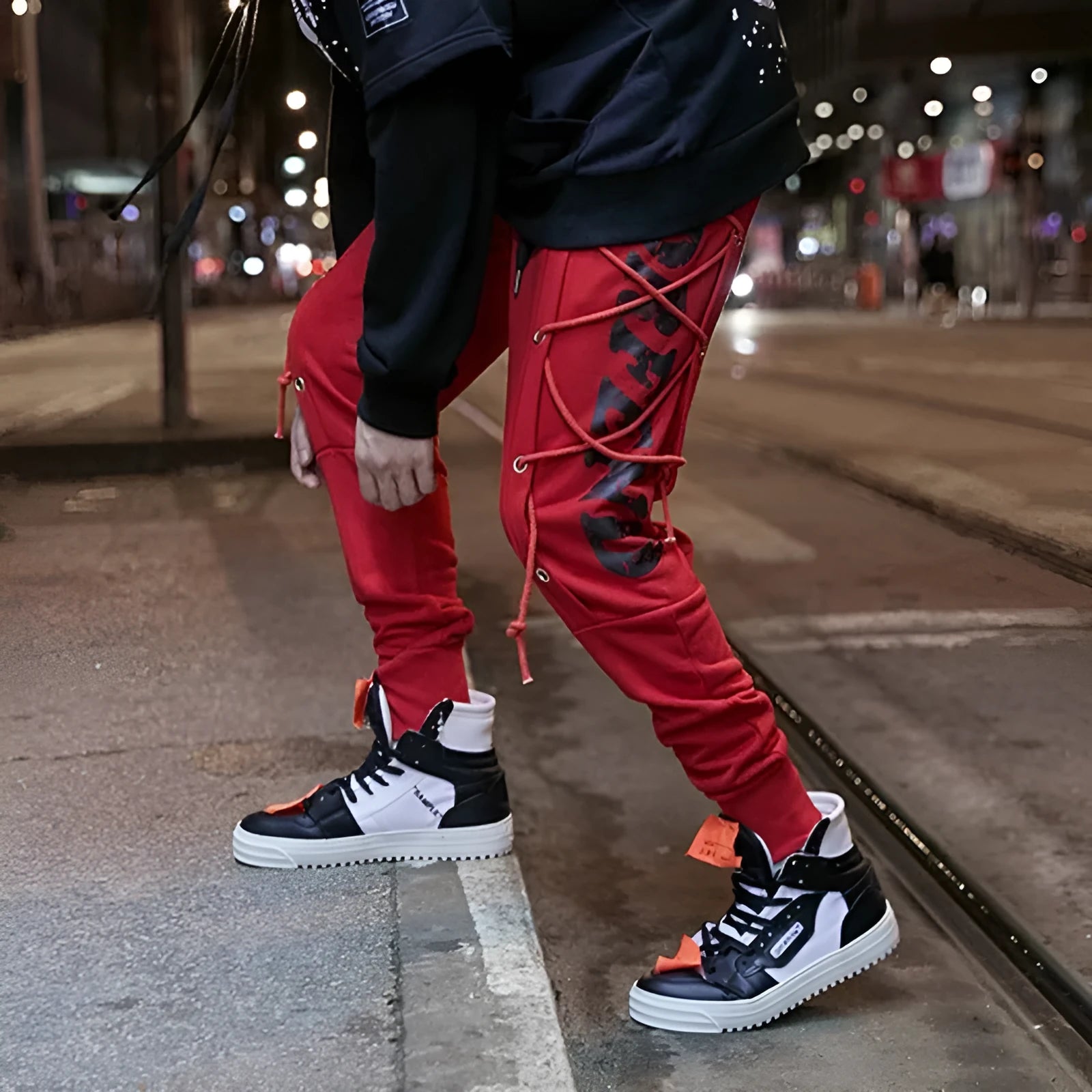 Cotton rope harem pants for men with cartoon hip hop print in black loose fit streetwear trousers