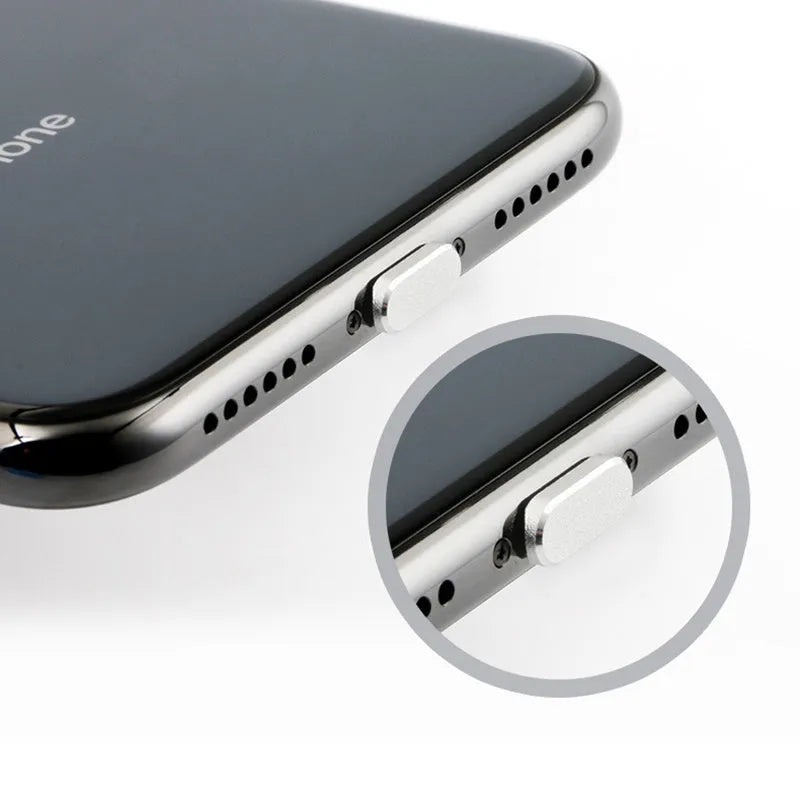 Aluminium alloy charging port dust plug for iPhone in various colours including gold, silver, and rose gold.