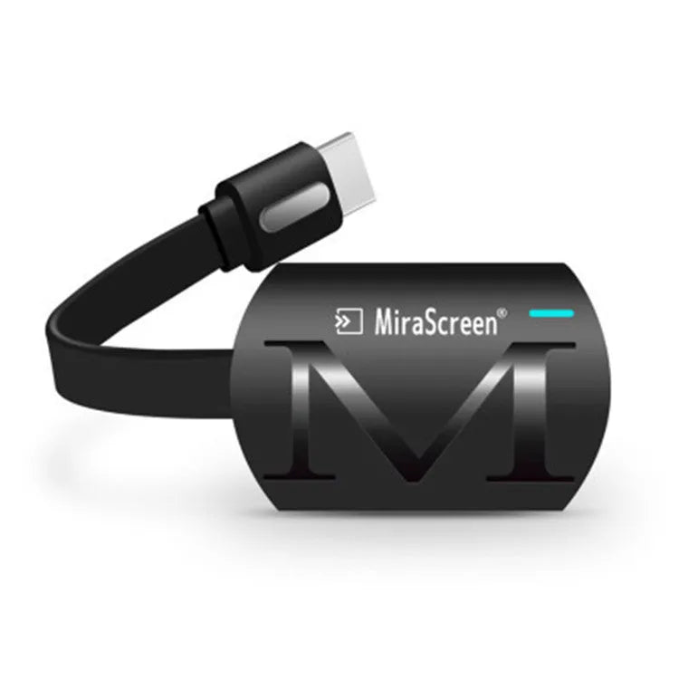 Black USB dongle for screen mirroring phones to HD TVs with HDMI, showing 52mm x 26mm dimensions.