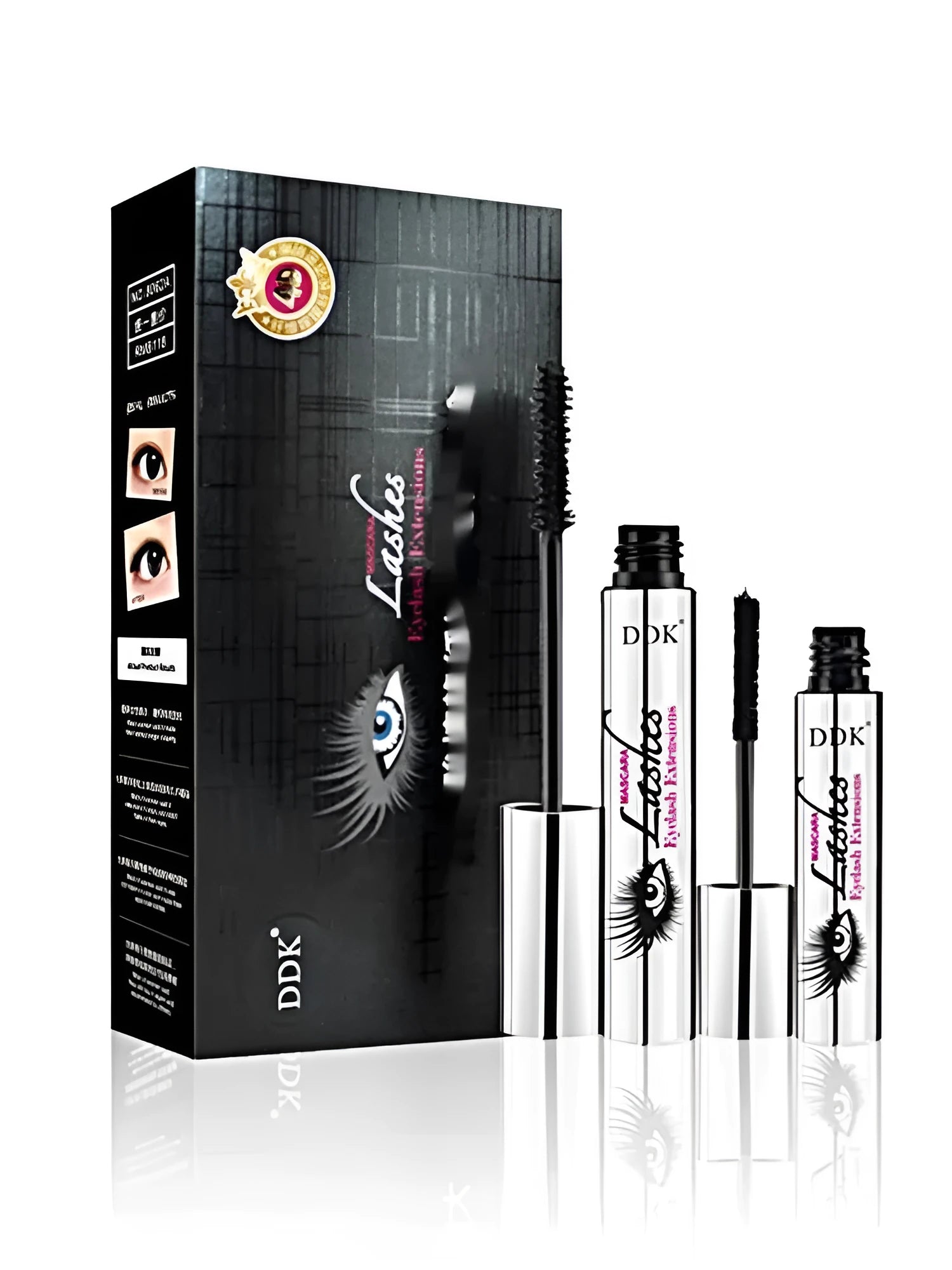 Waterproof rolling mascara tube in black with rotating brush for flake-free, long-lasting lashes