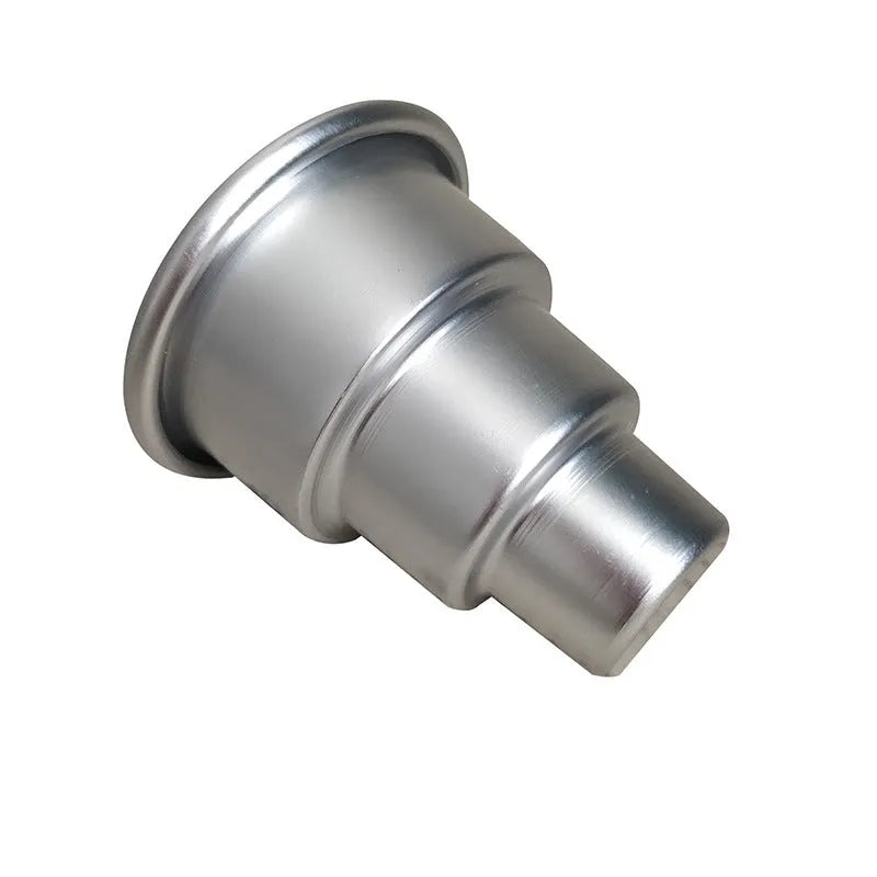 Three aluminium alloy cake moulds in silver finish showing large, medium and small sizes for baking