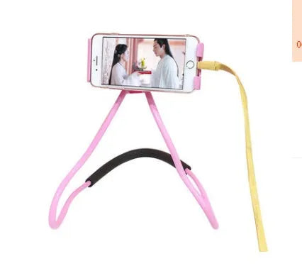 Universal white plastic phone neck holder with shock foam, showing 360-degree rotation and phone clamp.