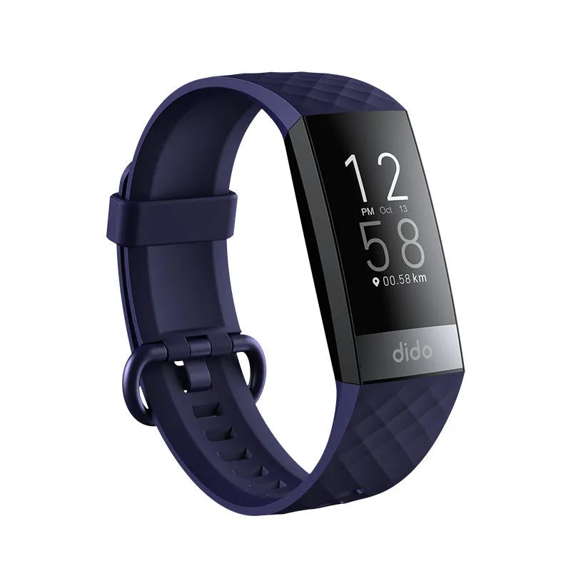 Black smart bracelet with 1.1-inch screen showing health metrics like heart rate and ECG, on a wrist.