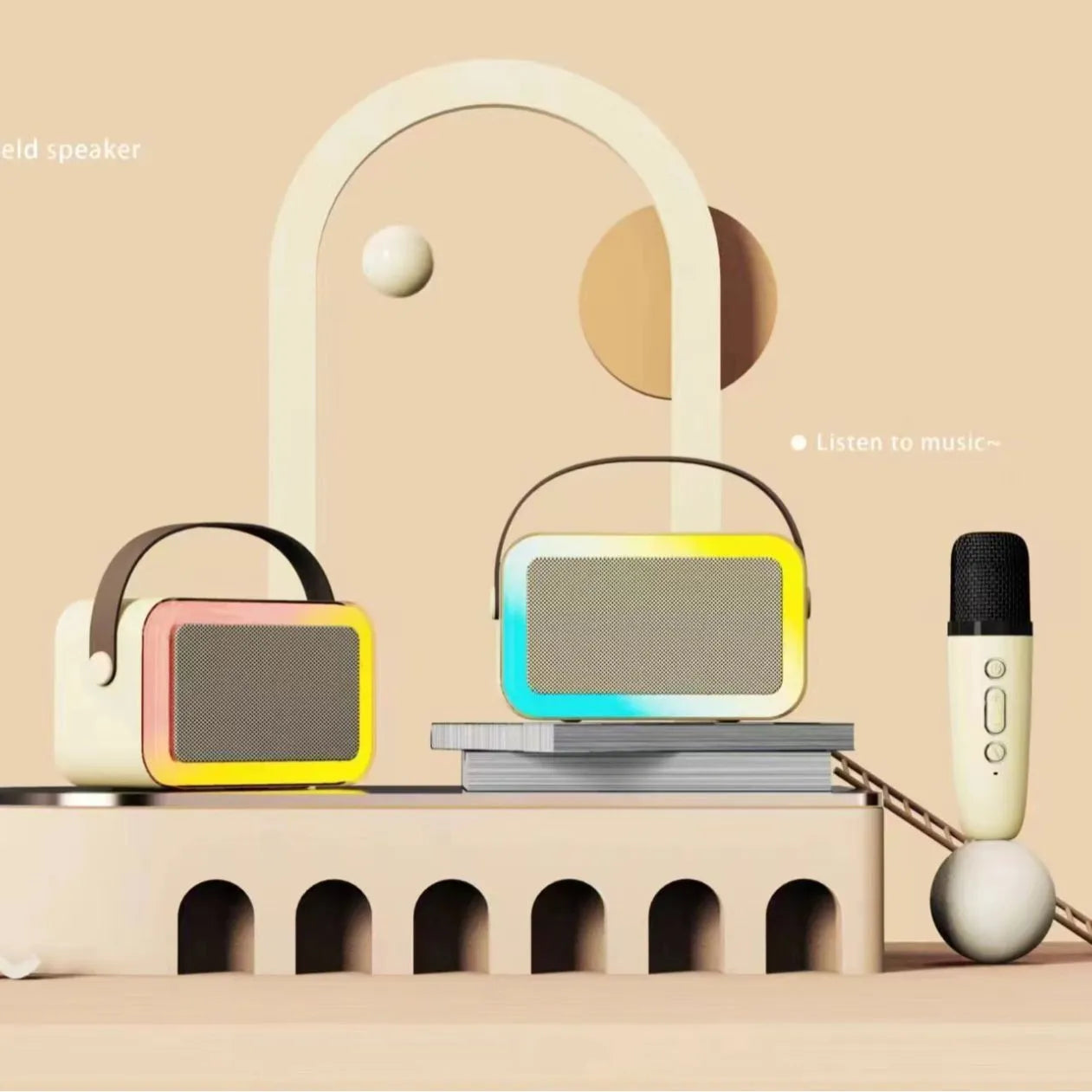 White, pink, or sky blue portable Bluetooth speaker with built-in karaoke microphone and coloured LED lights.