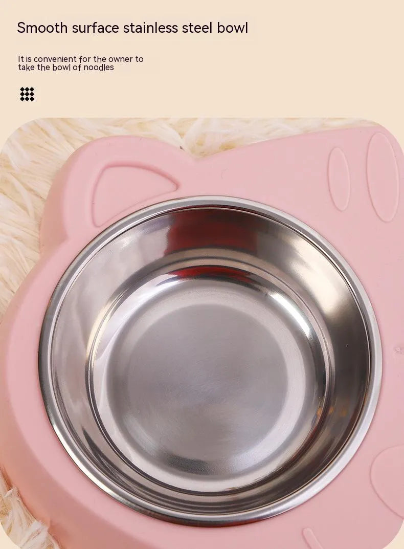 Stainless steel cat face bowl for feeding cats, available in blue, green, and pink
