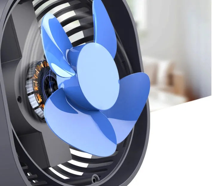 USB desk fan with rotating head in modern alarm clock design on desk