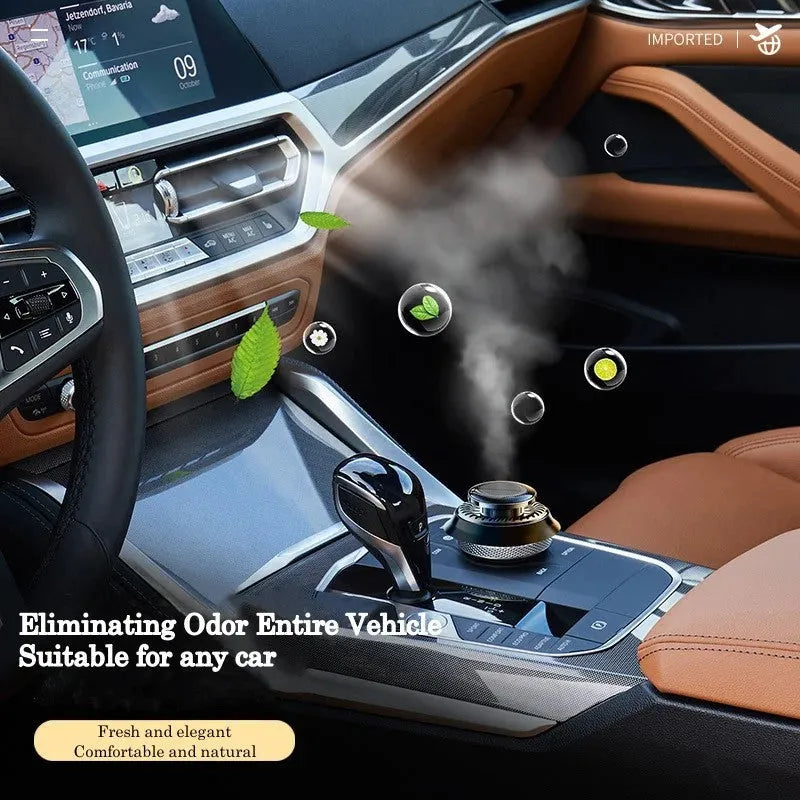Solar-powered kinetic car air freshener with double rotating rings and plastic housing