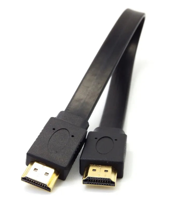 Flat black HDMI cable with male connectors showing length options from 0.3 to 10 metres.