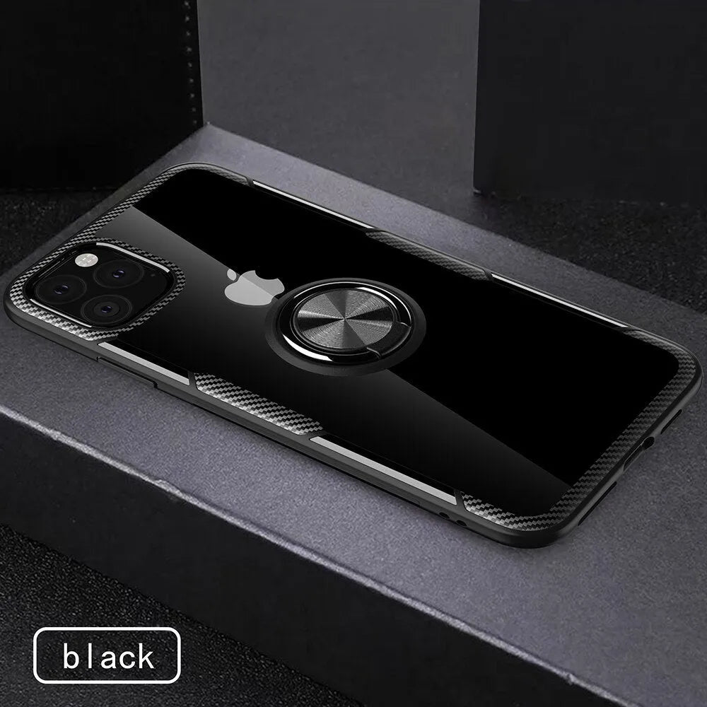 Black iPhone case with integrated car holder on the back, showing button cut-outs and PU leather texture.