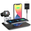 Black desktop wireless charging dock holding a phone, with ports for watch and headphone cables.