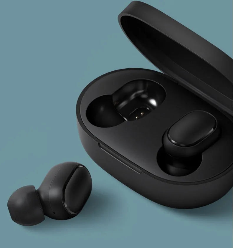 Black Redmi AirDots 2 true wireless earbuds and charging case on a white background