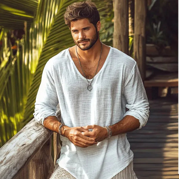 Beige V-neck long-sleeved slim fit t-shirt made from hemp blend fabric.