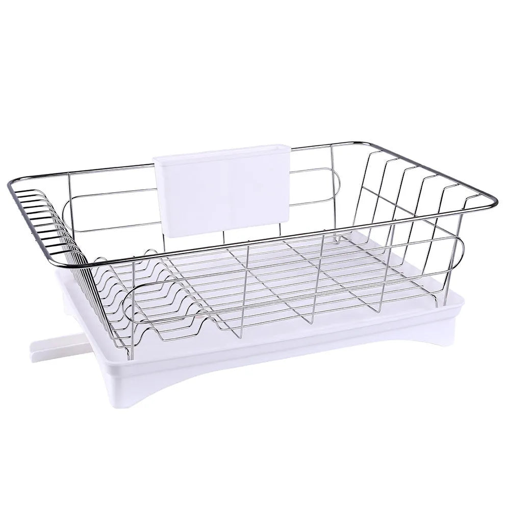 Stainless steel dish drying rack with cutlery holder and drain board on kitchen counter, black and white option, 42x28x15.5cm