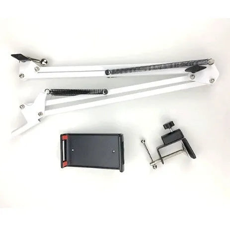 Black and white adjustable phone tablet stand showing 10cm size for hands-free device support