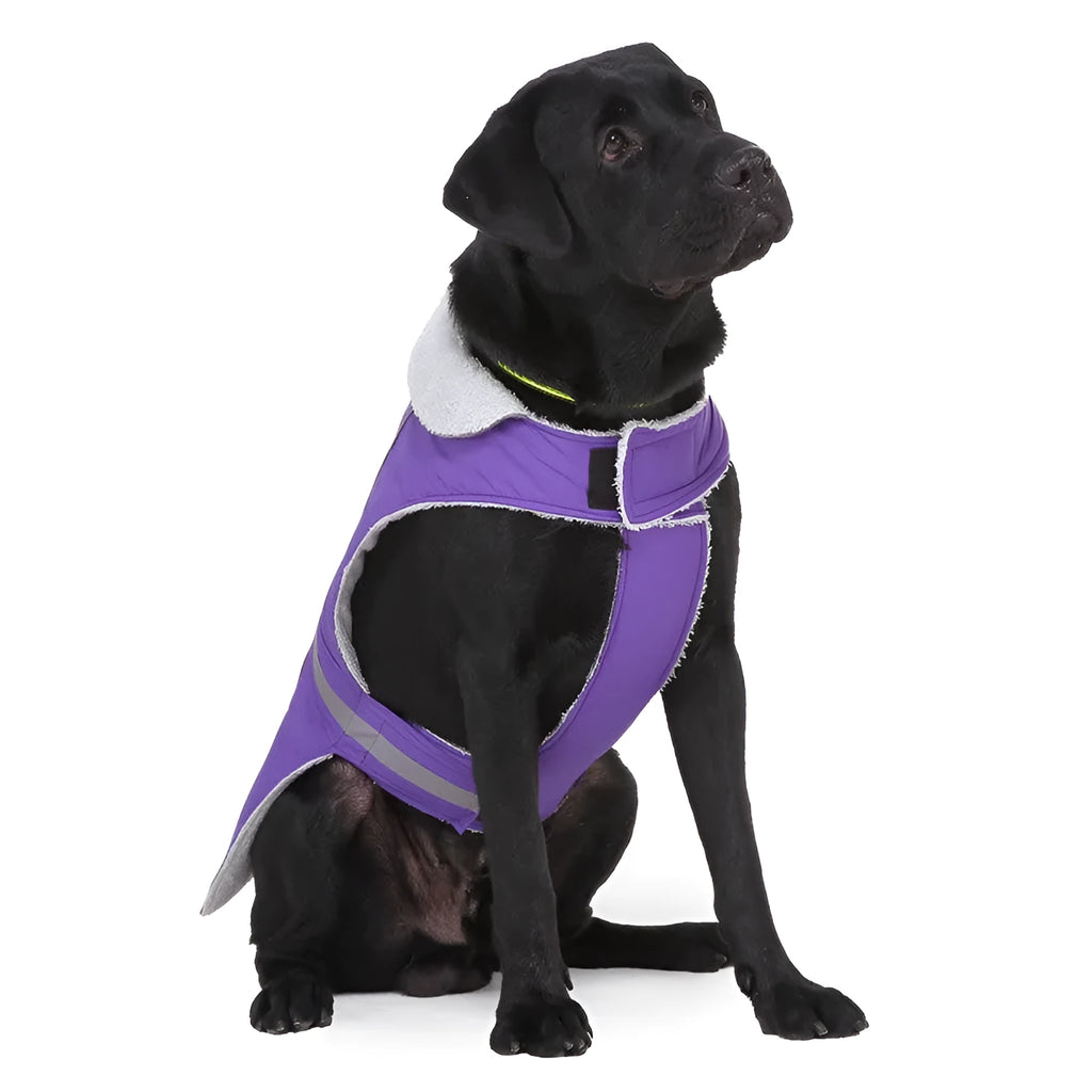 Reflective winter dog coat in pink, with harness holes, lay flat