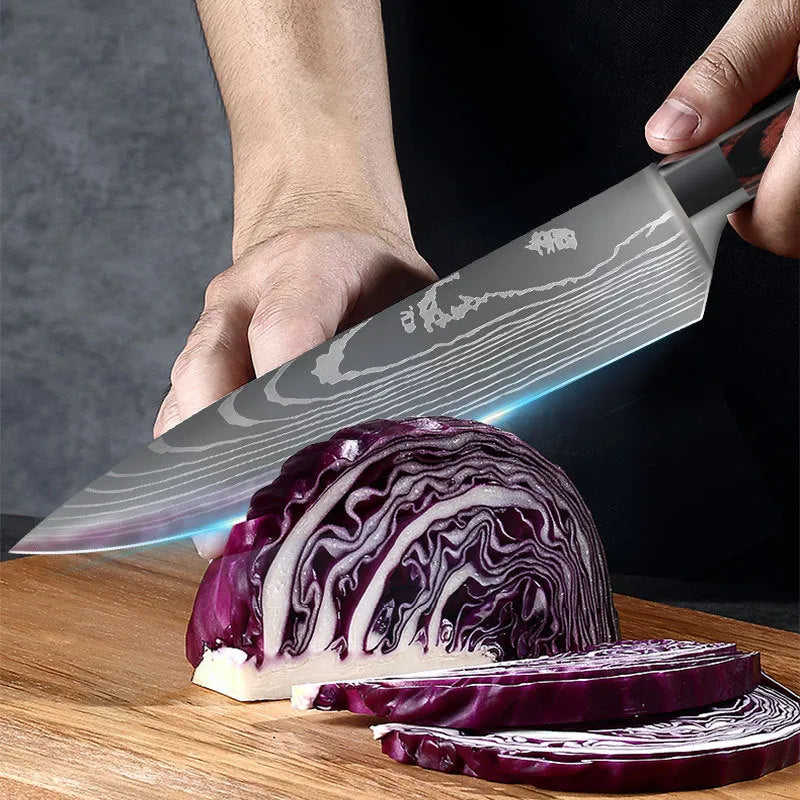 Chef knife with laser Damascus pattern blade, colour steel handle, showing 18cm blade length