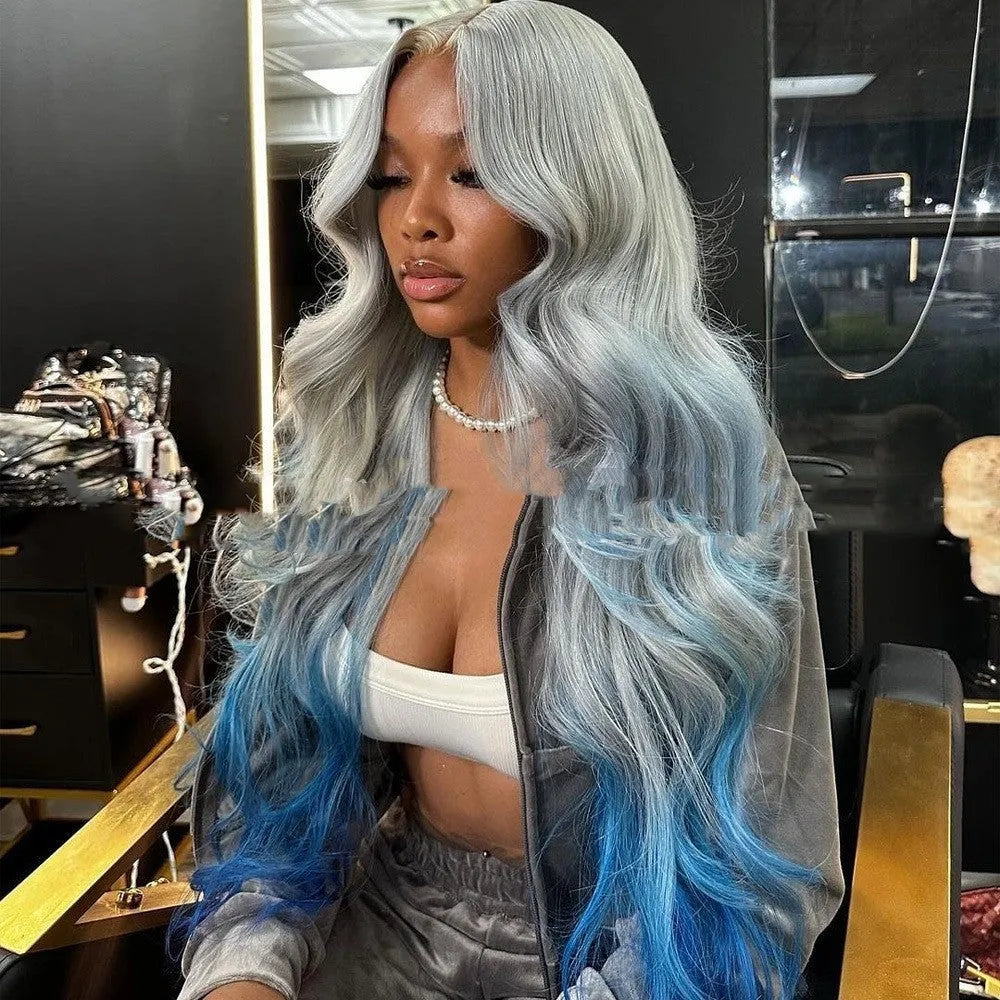 Grey blue gradient colour human hair lace front wig on a model, showing 4x4 lace construction and long, straight Ruili style.