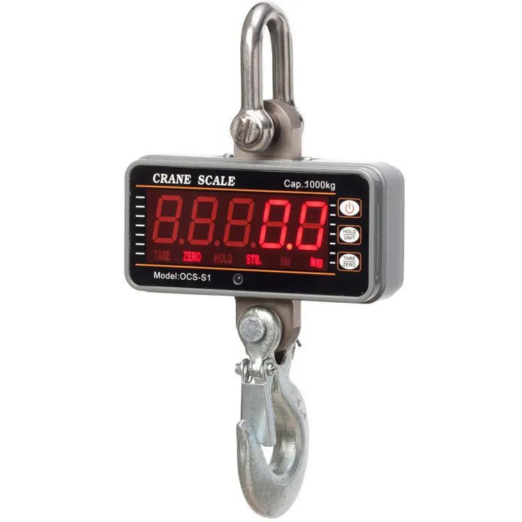 Orange electronic crane scale with digital display and hook for 500kg industrial weighing