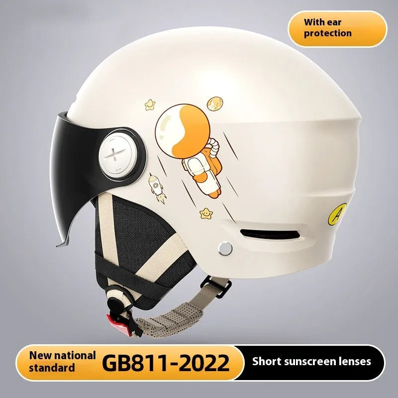 Khaki electric motorcycle half helmet with ABS construction showing sun protection glasses option
