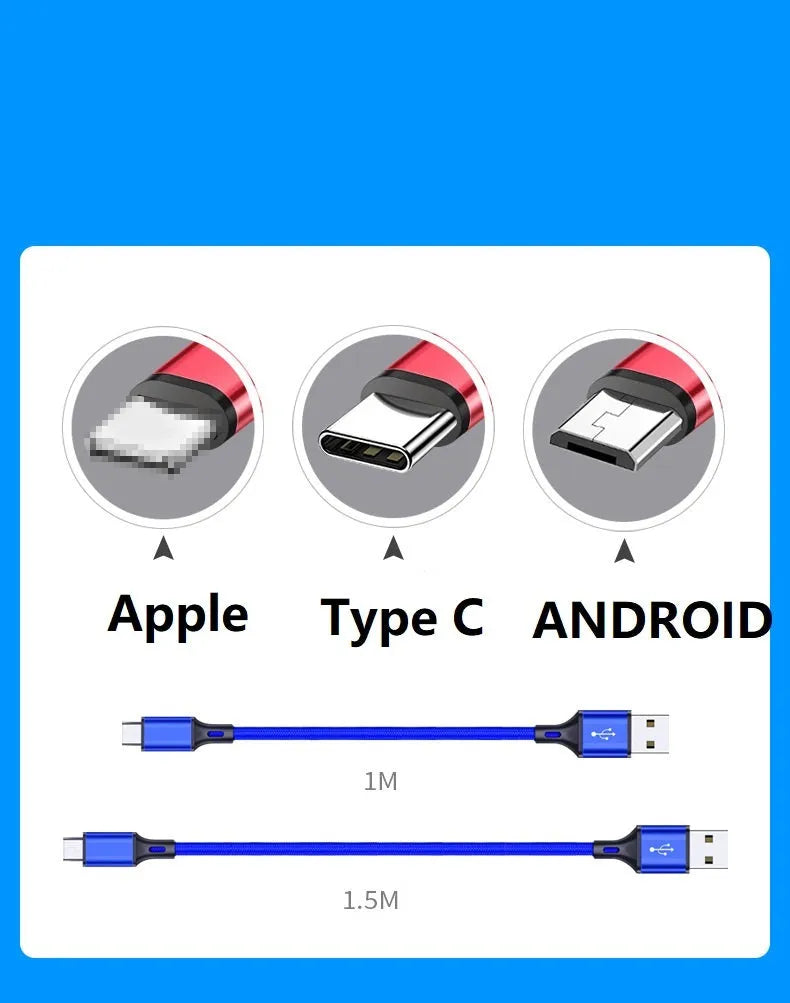 2m long USB mobile phone charging cable in multiple colours for Apple and Android Type C phones.