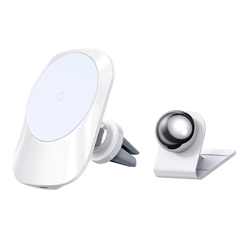 Black magnetic car wireless charger mounted on vehicle air vent with phone attached
