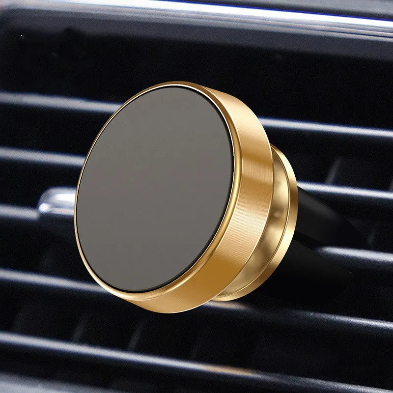 Magnetic car phone holder in aluminium alloy with CD-texture finish showing black, gold and silver colour options