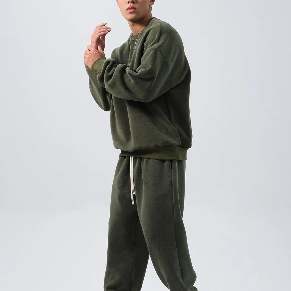 Men's polar fleece sports suit set with crew neck coat and padded trousers in double-sided shake design