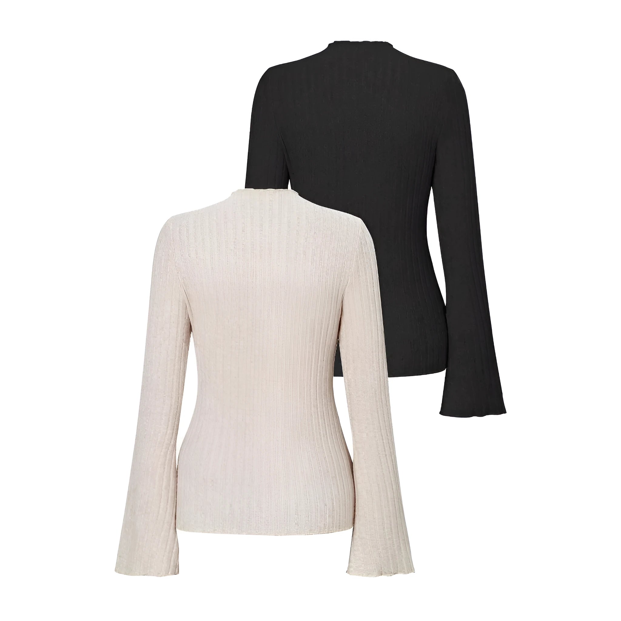 Man wearing black brushed polyester slim fit long sleeve top with sunken stripe design and round neck