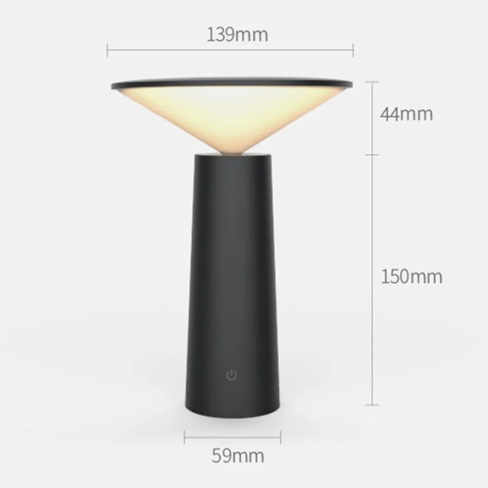 Black USB LED table lamp with touch controls and adjustable 40-degree lamp head on wooden surface