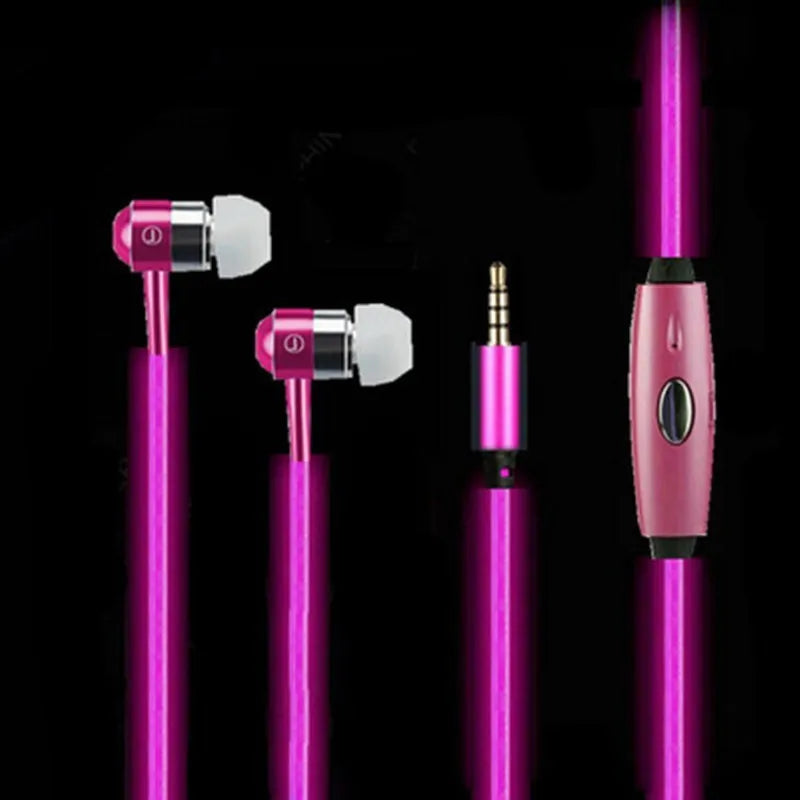 Blue LED light-up earphones with aluminium alloy shells and remote control microphone on cable