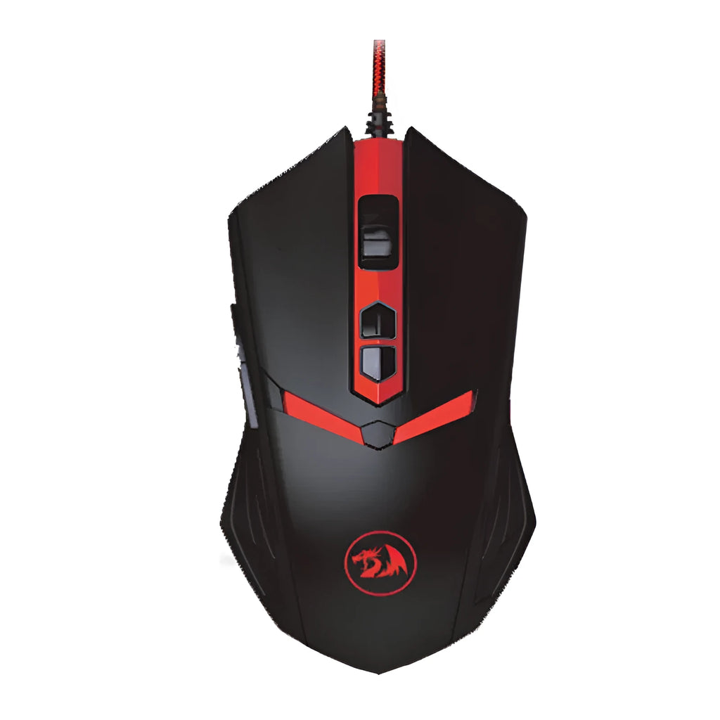 Black and red USB wired gaming mouse with six buttons on a desktop mat.