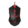 Black and red USB wired gaming mouse with six buttons on a desktop mat.