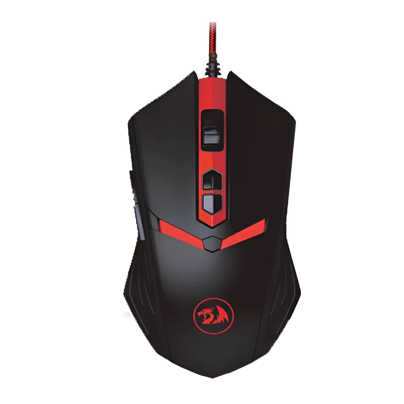 Black and red USB wired gaming mouse with six buttons on a desktop mat.
