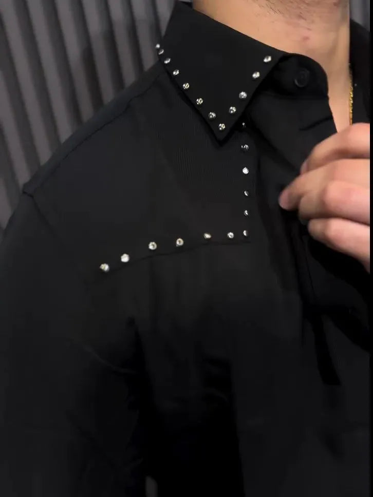 Black button-down collar shirt in regular fit polyester, front view, sized S to 3XL