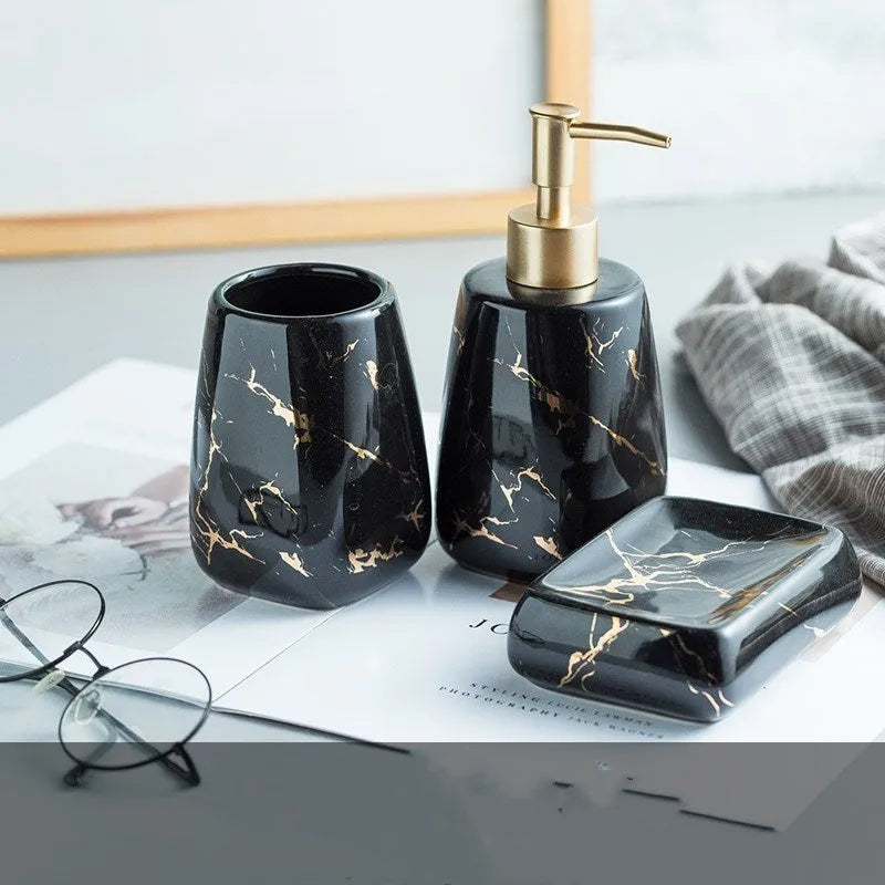Ceramic bathroom wash set in black, blue, or white colours, showing smooth porcelain finish.