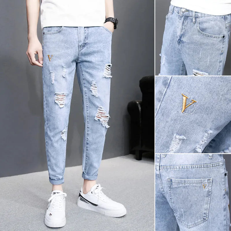 Men's autumn black ripped ankle jeans with micro elastic denim, youth-style tapered fit