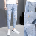 Men's autumn black ripped ankle jeans with micro elastic denim, youth-style tapered fit