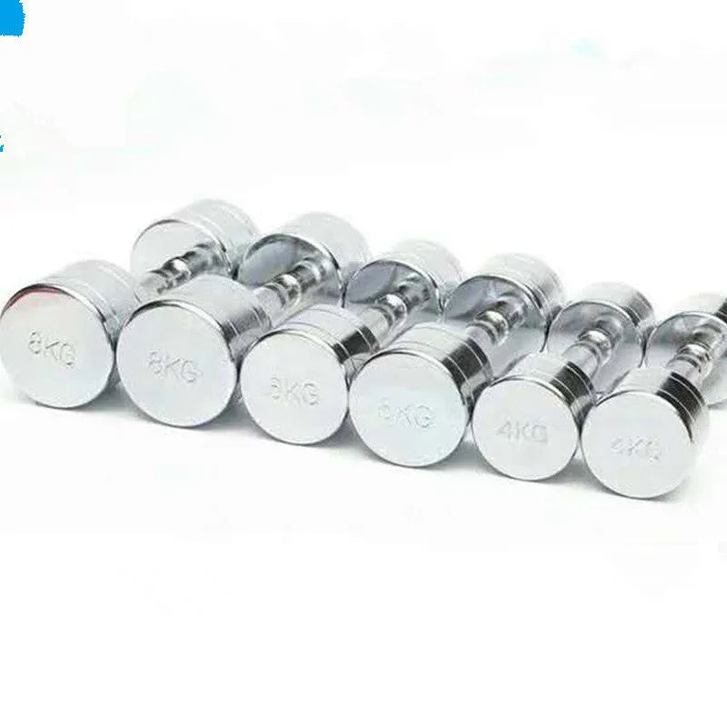 Pure steel dumbbell with silver electroplated finish and ergonomic date-core handle