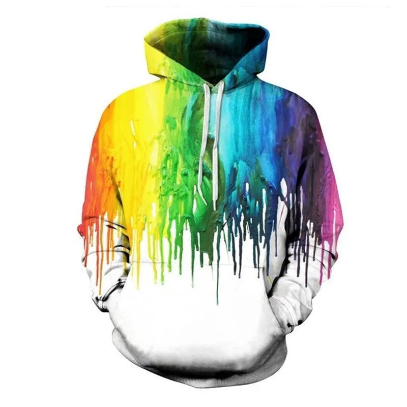 3D hoodie men splatter colorful paint stains print sweatshirt streetwear pullover front view