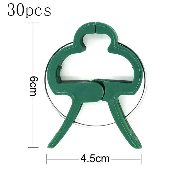 Green plastic plant fixing clips for supporting climbing vegetables like tomatoes and cucumbers