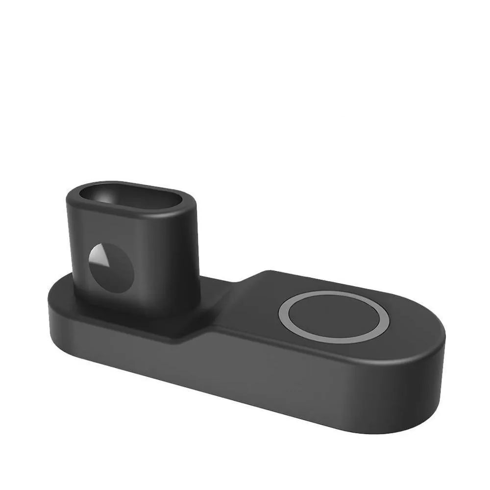 Black W3 wireless charging station showing phone, Apple Watch, and earphones charging simultaneously.