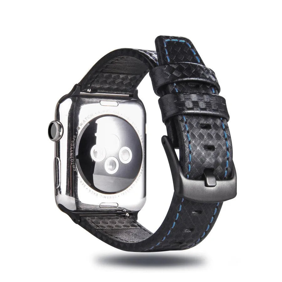 Compatible carbon fibre and leather Apple Watch strap with PC hard case in red, black, orange, and blue colour options.