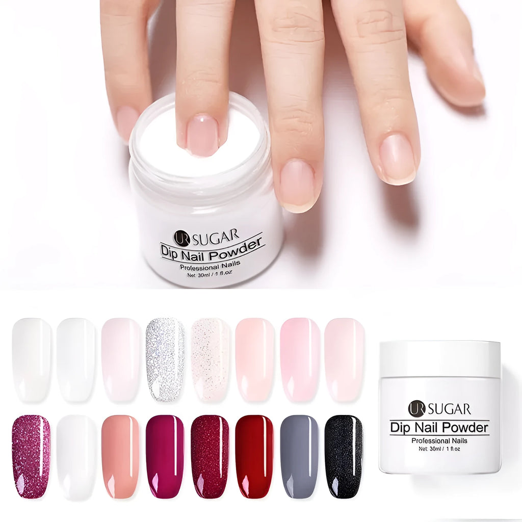 UR Sugar 30ml nail dipping powder in multiple colour options including Solution 2 and UR shades on a white background