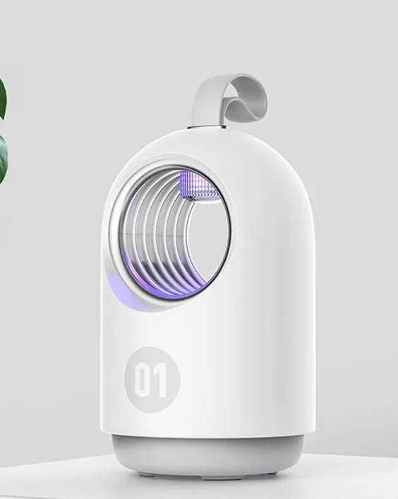 Blue and white indoor mosquito killer lamp with UV light, USB port, and silicone carry handle.