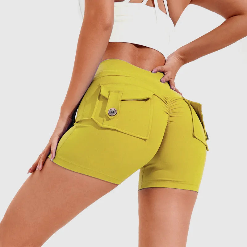 Women's high-waisted hip lifting shorts with pockets in quick-dry nylon fabric